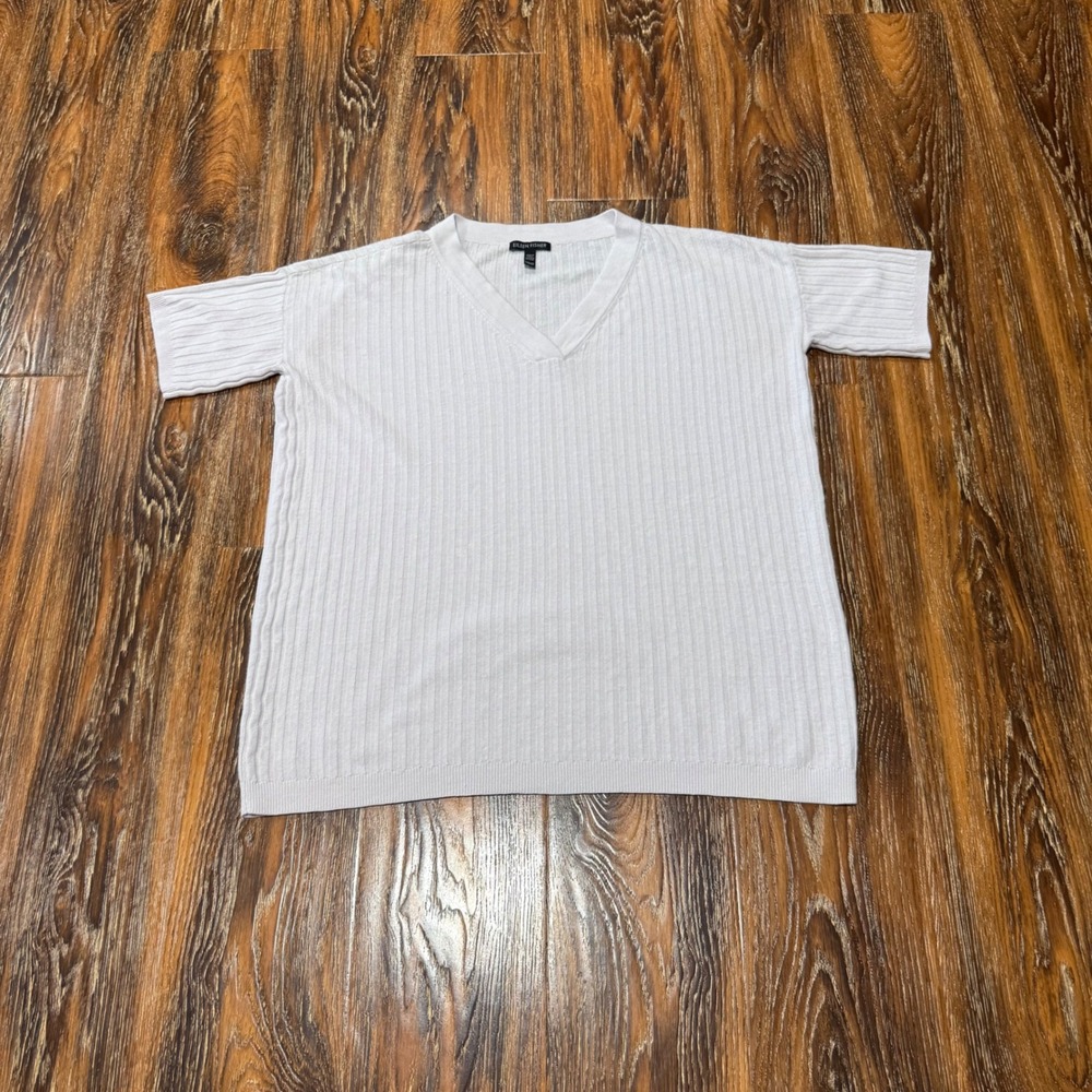 Eileen Fisher XXS/XS Ribbed V-Neck Sweater Women White Short Sleeve Knit Top